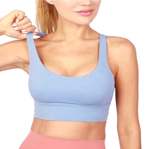Women's Light <b>Blue</b> Seamless Sports <b>Bra</b> Scoop Neck Racerback Medium Support Yoga Workout Top Breathable Solid Color - Product Image 4