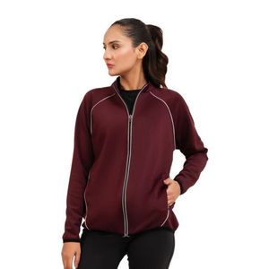 Women's <b>Burgundy</b> Tone Zip Track Jacket Stand Collar Long Sleeve Daily Sports Jacket Contrast Piping Side Pockets Lite Slim - Product Image 1