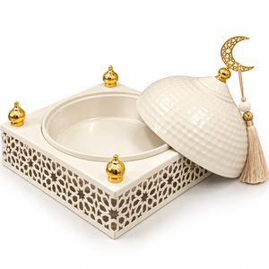 Plateau à chocolat rond avec bouton en forme de croissant, design ajouré arabe blanc, dôme pour mariages et événements, tailles et couleurs personnalisées disponibles - Product Image 2