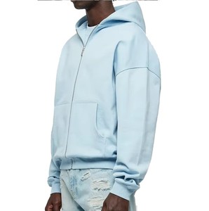 Sudadera con Capucha y Cremallera para Hombre, Azul Claro, Talla Grande, Felpa, Color Sólido, Corte Regular, para Otoño - Product Image 2