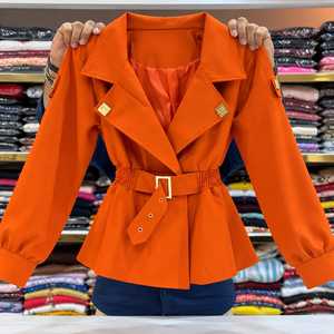 Manteau trench élégant pour femme avec ceinture, manches lanternes, col cranté, taille ajustée, doublure en satin, style bureau, peplum décontracté - Product Image 1
