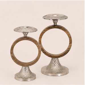 Luxury Handcrafted Pillar Candle Holder Set With Hammered Metal Base and Decorative Wooden Ring Modern Geometric Candle <b>Stand</b> - Product Image 1