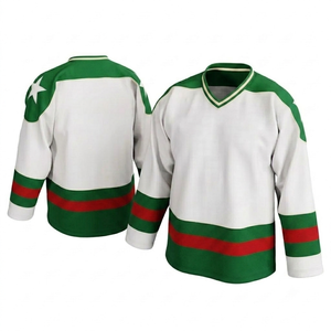 Maillot de hockey sur glace personnalisé en polyester respirant avec imprimé sublimé, blanc avec rayures vert pastel et rouge, pour équipe. - Product Image 1