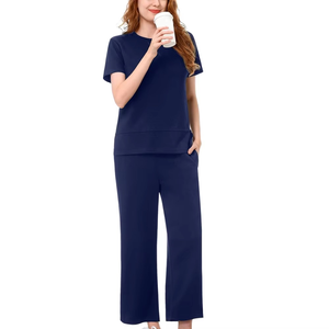 Conjunto Deportivo Casual Azul Marino para Mujer, Manga Corta, Cuello Redondo, Corte Holgado, Pantalones hasta el Tobillo, Bolsillos Laterales, Ropa de Verano - Product Image 4
