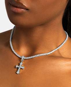 Round Moissanite Cross Pendant Necklace 925 Sterling <b>Silver</b> Rhodium Plated Religious Christian Everyday Wear Unisex <b>Snake</b> <b>Chain</b> - Product Image 4