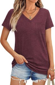 Camiseta de manga corta con cuello en V para mujer, tono macaron, corte ajustado, informal, con bolsillo, estilo urbano, para verano - Product Image 5