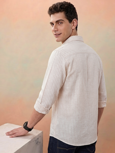Camisa Casual de Lino/Algodón a Rayas para Hombre, Cuello con Botones, Manga Larga, Corte Ajustado, Transpirable, Tejida para Verano - Product Image 2