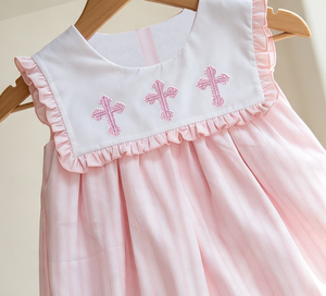 Romper de algodón 100% para bebé niña, de manga corta, con detalles de punto de cruz, perfecto para Pascua. - Product Image 3