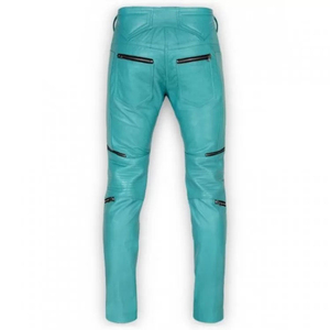 Pantalon de motard turquoise pour homme, taille haute, coupe droite, avec fausses fermetures éclair, en polyester mi-lourd, idéal pour l'été - Product Image 2