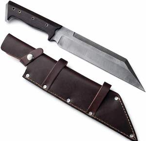 Couteau de camping Norse Dragon Seax, lame droite, acier à haute teneur en carbone, manche en corne de taureau, fabrication artisanale, étui en cuir cousu, HRC60-65 - Product Image 1