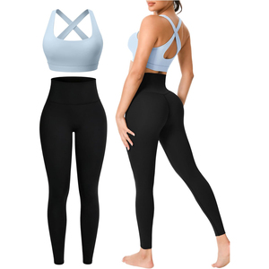Conjunto de Leggings de Yoga de Cintura Alta en Color Sólido con Sujetador Deportivo con Tirantes Cruzados, Ropa Deportiva de Dos Piezas sin Costuras de Longitud Completa - Product Image 3