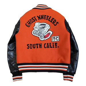 Men's Orange PU Leather Varsity <b>Jacket</b> <b>Punk</b> Style Skull Patch Embroidery Turn-down Collar Regular Fit Autumn Wear Custom LOGO - Product Image 4