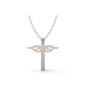 Collier pendentif croix religieuse en or 18 carats avec diamant de laboratoire, design aile de ruban bicolore, bijoux fins pour femme - Product Image 4