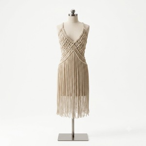 Vestido de una pieza hecho a mano con flecos de macramé, estilo bohemio, para playa, 100% algodón, con escote descubierto, talla grande - Product Image 1