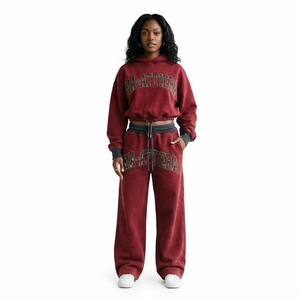 Custom Women Acid Wash <b>Burgundy</b> Cropped Hoodie Wide Leg Jogger Set Cotton Fleece Streetwear OEM Wholesale - Product Image 1