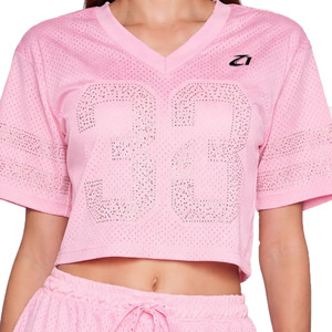 Trendy Women’s Pink Rhinestone Mesh Crop American Football Jersey Customized Pink Two Piece Sportswear Private Label Jersey Set - Product Image 4