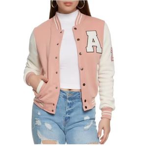 Veste universitaire rose pour femme, col rabattu décontracté, matière polaire, vêtement d'automne unisexe, coupe régulière, fermeture éclair - Product Image 1