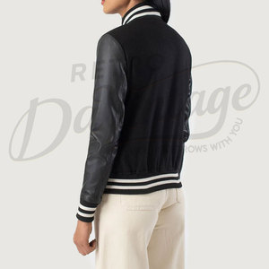 Women Varsity Letterman <b>Jacket</b> Black Wool Body with Black Real <b>Leather</b> Sleeves Slim Fit Premium Classic Baseball Casual College - Product Image 2
