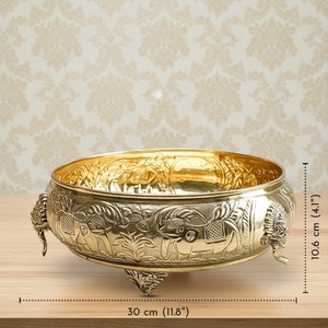 Bol de service traditionnel en aluminium doré de haute qualité, artisanal, avec motifs en relief, design artistique de plantes/fleurs, décoratif pour la maison, mariage - Product Image 4