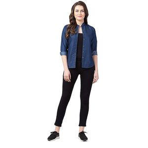 Chemise en jean pour femme, col mandarin, boutonnée, coupe classique, toutes saisons, décontractée, haute qualité, pour le bureau - Product Image 3