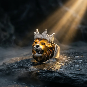 Bague Lion Couronné Plaqué Argent avec Couronne Pavée et Visage Émaillé Peint à la Main, Bijou Tendance pour Homme - Product Image 5