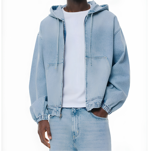 Sudadera con capucha de mezclilla personalizada estilo vintage, informal, streetwear, con bolsillos grandes, manga farol, top para combinar en capas, talla XXS - Product Image 1
