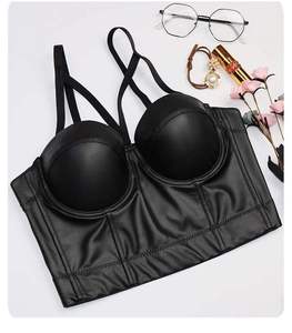 Top bralette en cuir fait main pour femme, crop top en cuir véritable noir, bretelles ajustables en cuir - Product Image 5