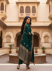 Ensemble Kurta et pantalon en soie romaine brodée verte avec dupatta, col cœur, coupe droite longueur mollet, tenue ethnique pour femme - Product Image 5