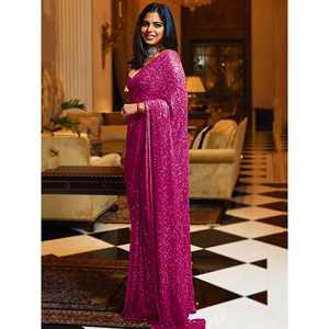 Atractivo Sari de Georgette con Lentejuelas Rosas para Recepción con Blusa, Ropa Zeel Sin Coser - Product Image 1