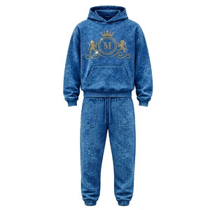 Conjunto Deportivo para Hombre, Azul, Lavado Ácido, 100% Algodón, 480 gsm, Alta Calidad, con Pedrería, Pantalones Largos con Cordón Ajustable, Ropa Casual - Product Image 3