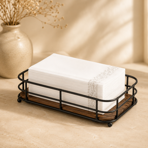 Porte-serviettes rectangulaire en métal avec base en bois, style industriel, support de rangement pour cuisine ou salle à manger - Product Image 1