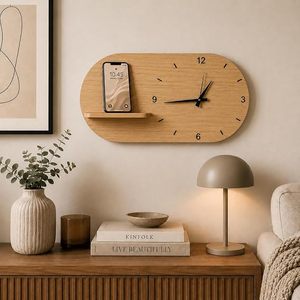 Horloge murale en bois à quartz analogique moderne avec étagère pour téléphone, design ovale minimaliste à suspendre pour la décoration du salon et de la chambre - Product Image 6