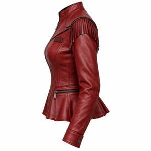Chaqueta de cuero genuino para mujer, estilo motero, rojo intenso, con peplum, hombros con flecos, cuello mandarín y dobladillo acampanado. Proveedor OEM/ODM personalizado. - Product Image 4