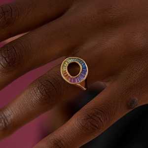 14K Solid Gold Natural Multi Color Rainbow Sapphire Baguette Sphere <b>Ring</b> 2.5mm Band Width 1 Carat Rainbow Sapphire Sphere <b>Rings</b> - Product Image 3