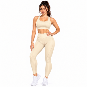 Conjunto de Yoga Beige para Mujer, Leggings de Cintura Alta y Sujetador Deportivo, 2 Piezas, Ropa Deportiva sin Costuras - Product Image 1