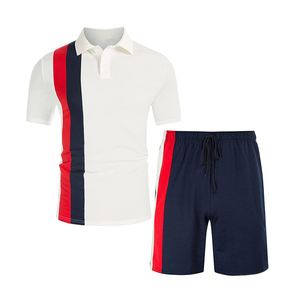 Ensemble polo et short pour homme, manches courtes, tricoté, décontracté, rayé, sportswear, bleu, rouge, blanc - Product Image 4