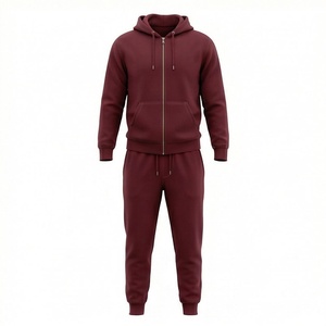 Ensemble de survêtement pour homme, couleur bordeaux, à capuche, fermeture éclair intégrale, sweat-shirt et pantalon décontractés, couleur unie, 100% coton, respirant, vêtements d'automne - Product Image 1