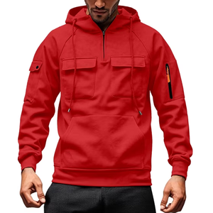 <b>Men's</b> <b>Red</b> Hooded Quarter Zip Fleece <b>Sweatshirt</b> With Pockets Regular Fit Casual Autumn Wear - Product Image 3