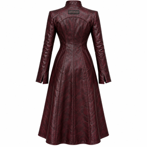 High Low Maroon Leather Trench <b>Coat</b> Asymmetric Hem Button Stand Collar <b>Womens</b> <b>Duster</b> Jacket Custom Oem Odm Factory - Product Image 2