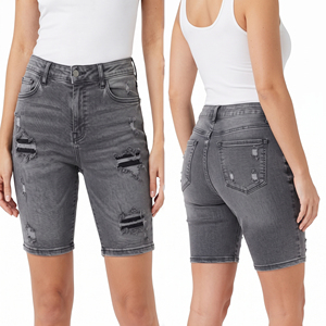 Shorts de mezclilla de cintura alta transpirables, ecológicos, cortavientos para mujer, desgastados, rotos, lavados, vintage, con cierre de botones, shorts de verano - Product Image 1