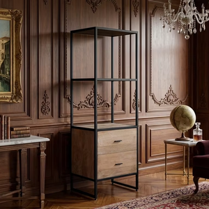 Kyu Modern Living Room High Quality <b>Solid</b> <b>Wood</b> 2-Drawer Storage Unit Minimalist Bookshelf with Black Frame - Product Image 6