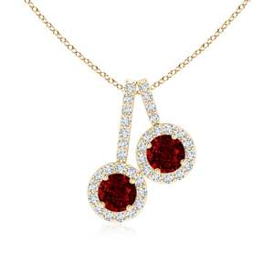 14K Gold Natural 2mm 0.1 Ctw Red <b>Ruby</b> Prong-Set Two Stone Halo Pendant Link Chain <b>Necklace</b> With Accent Diamond Handmade Pendant - Product Image 1