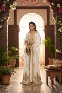 Kaftan brodé pour femme, manches longues, longueur ras du sol, col cœur, robe de prière élégante du Moyen-Orient, coupe droite non extensible - Product Image 4