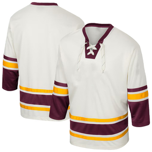Jersey de Hockey sobre Hielo Sublimado Personalizado, Blanco, Marrón y Amarillo a Rayas, Manga Larga, Cuello en V, Cierre con Cordón, Transpirable, Poliéster, para Hombre Adulto - Product Image 3