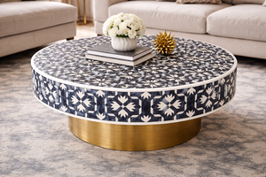 Modern Round Bone Inlay <b>Coffee</b> <b>Table</b> with Floral Pattern and Metal Base for Living Room Home Furniture Decor - Product Image 3