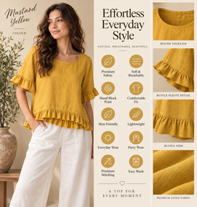 Conjunto de Dos Piezas para Mujer, Blusa de Lino y Algodón con Volantes en Amarillo Mostaza y Pantalones Blancos con Logotipo Frontal, Venta al Por Mayor - Product Image 2