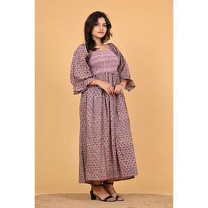 Robe maxi bohème florale 100% coton écologique pour femmes, robe d'été indienne vintage à manches longues smockées - Product Image 5