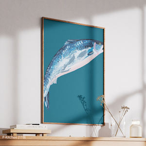 Kitchen Canvas Print Oil Painting Fish Wall Art Blue Background Modern Wood <b>Frame</b> Kitchen Wall Decor - Product Image 3