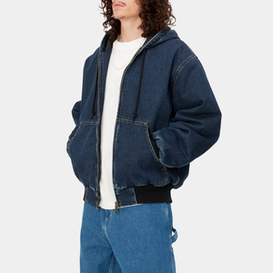 Sudadera con capucha de mezclilla premium personalizada, de peso pesado, con efecto desgastado, con cremallera, estilo oversize, moda urbana. - Product Image 4