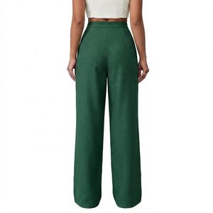<b>Women's</b> Solid Green Wide Leg Pants High Waist Elastic <b>Loose</b> Fit Full Length Casual Autumn Style Plain Dyed Cotton <b>Trousers</b> - Product Image 1